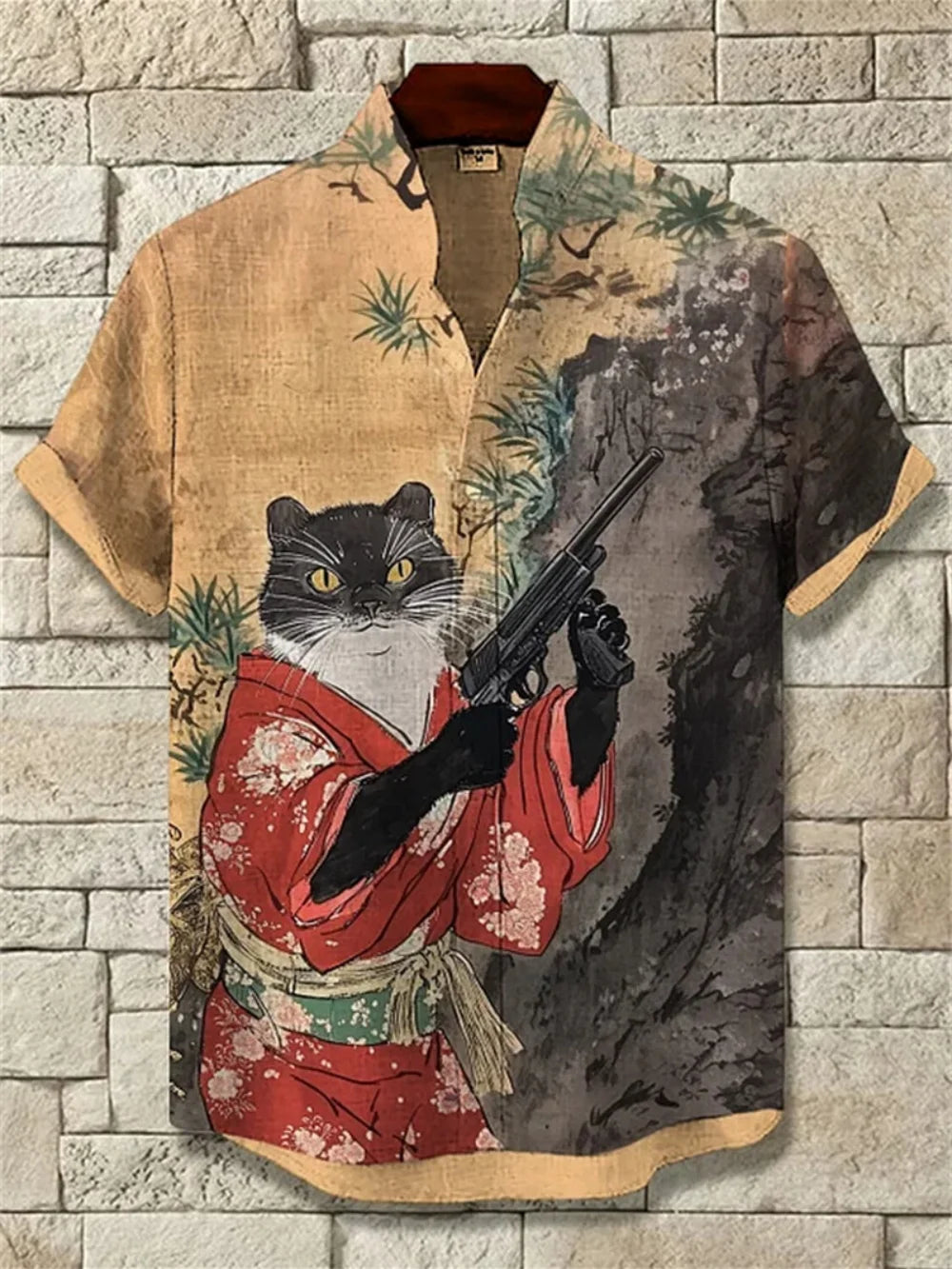 Men's Japanese Retro Art Print Short Sleeve Stand up Collar Linen Shirt Casual plus Size Fashion Fast Shipping