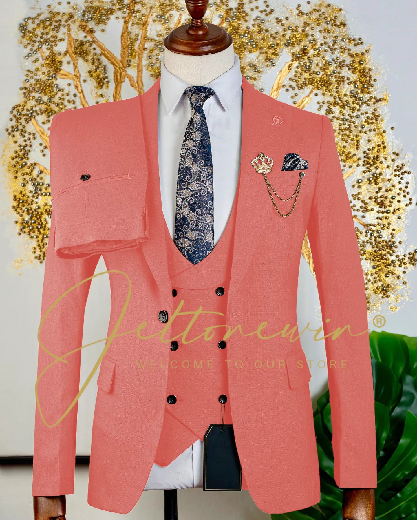 Men's Brown Three Piece Suit with Vest and Trousers Slim Fit Formal Wear for Wedding Groomsmen Party Business Occasion