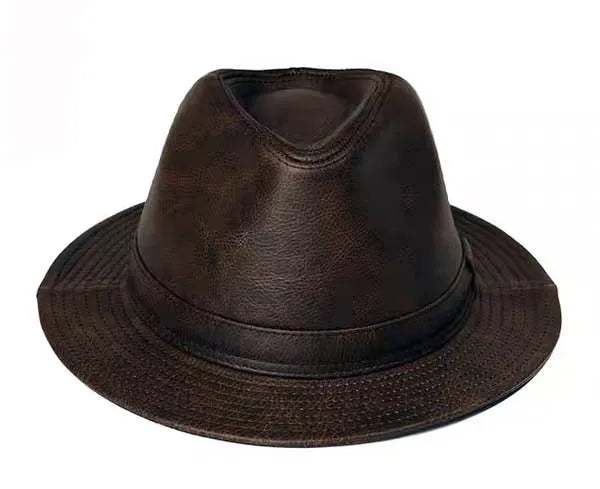 Man High Quality Genuine Leather Jazz Fedora Gentleman Cowhide Short Brim Black/Brown Top Hat Male Shows Topper Color Blocking