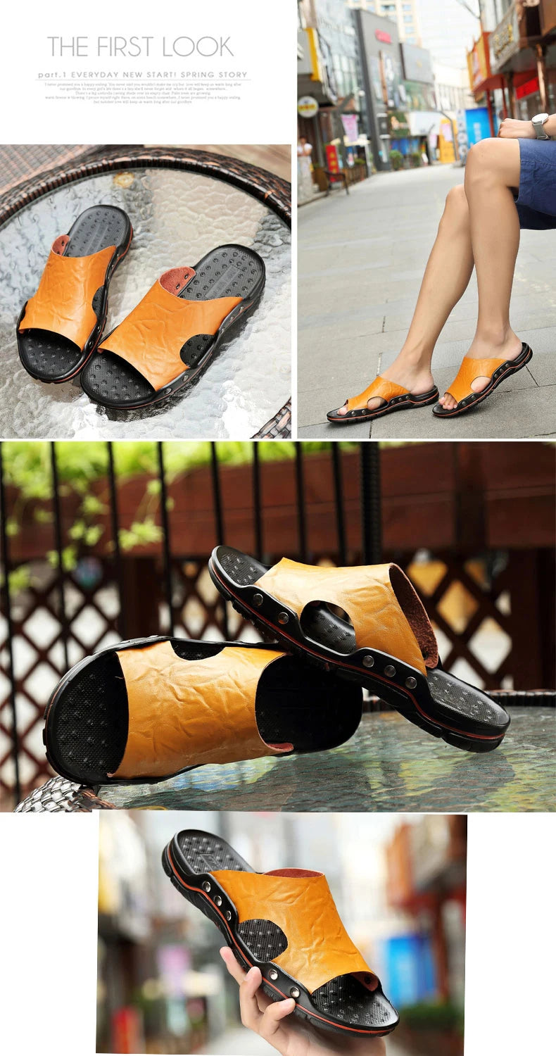 Summer Slippers New Men Sandals Soft Outdoor Slides High Quality Genuine Leather Comfortable Beach Sandals Outdoor Men Shoes