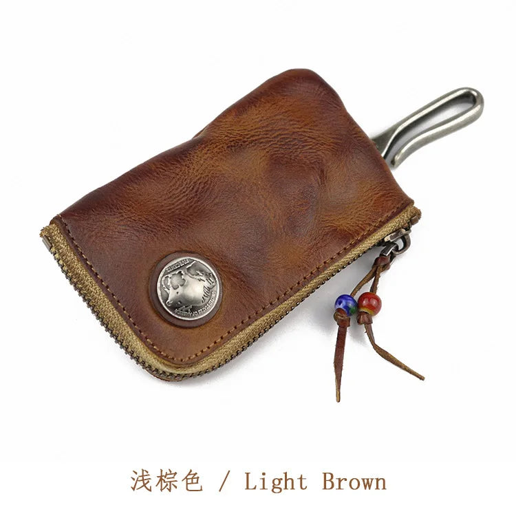 Natural Leather Key Wallet for Men Short Zipper Car Key Holder Real Leather Coin Purse Card Case Bag Keys Organizer Housekeeper