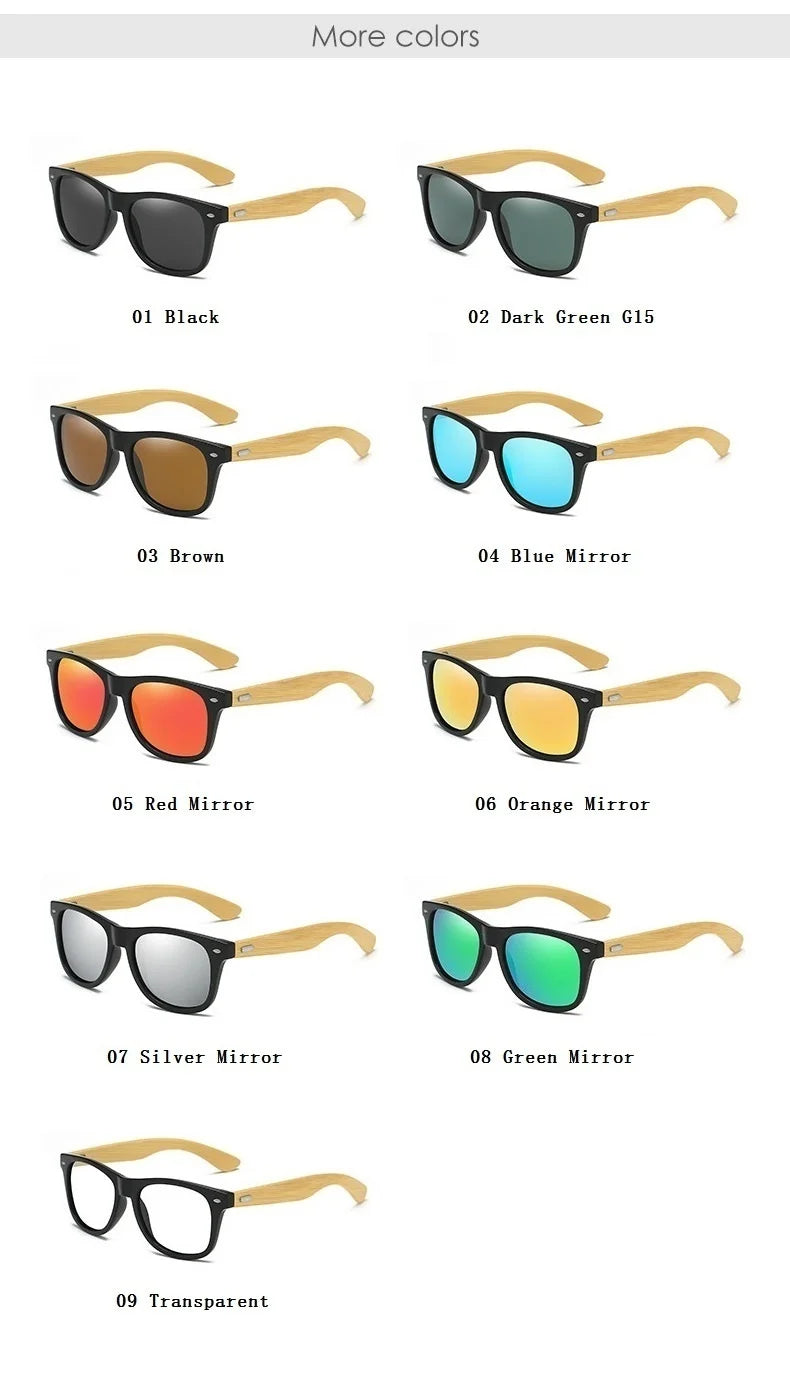 Fashionable Bamboo Wood Sunglasses Men Women Classic Square Vintage Driving Sun Glasses Black Fishing Eyewear UV400 Eyepieces