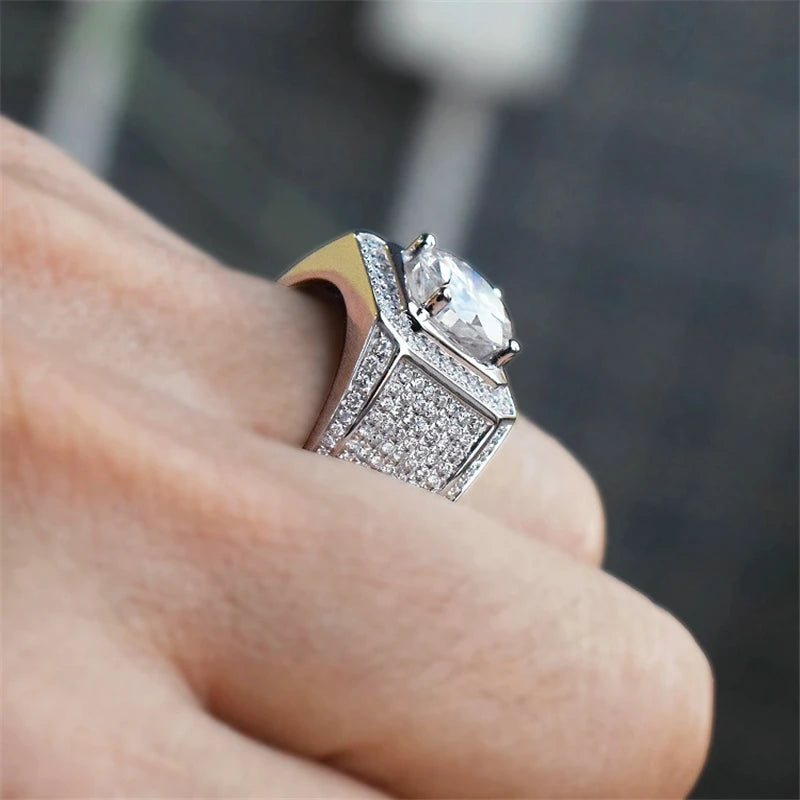 Milangirl Big Hip Hop Rhinestone Men Out Bling Square Ring   Pave Setting CZ Wedding Engagement Rings Top Quality
