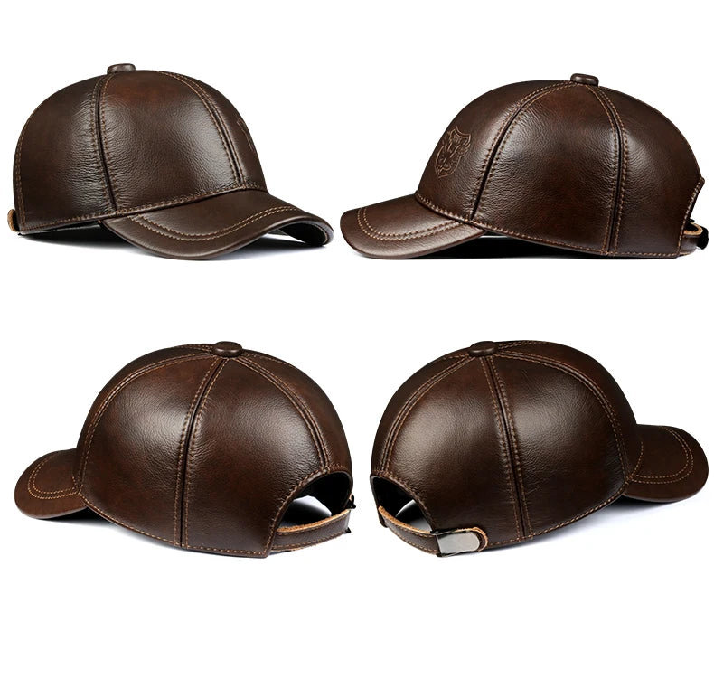 Warm Hat Man 2024 Winter Genuine Leather Baseball Caps Male Casual Cowhide Belt Ear Protect Sport Hockey Hunt Flight Casquette