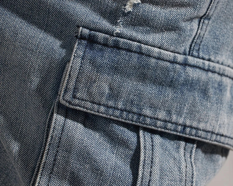 Shorts for denim men's tooling, cat's whiskers, straight pants, old retro pants, versatile multi-bag pants.