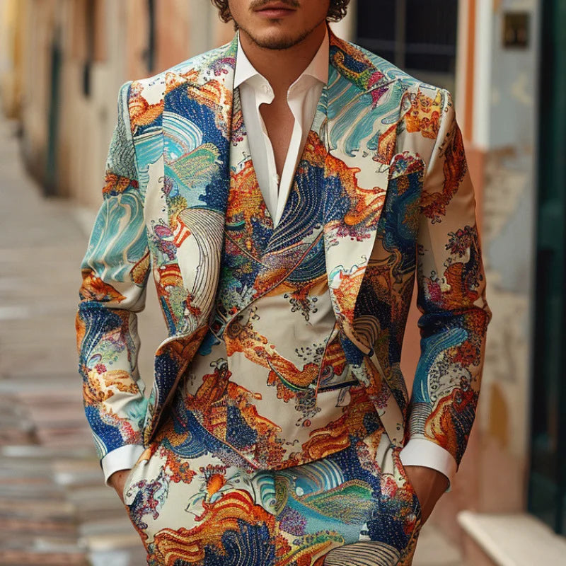 New Design Mens 2 Piece Suit Oilpainting Graffiti Print Coat Top Two Buttons Casual Nightclub Slim Fit Suit No Slit No Tie