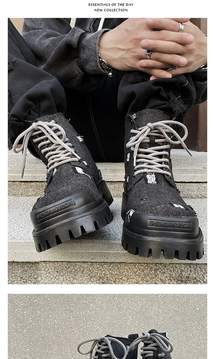 Mating boots for men new design black washed denim canvas short boots distressed style thick soled shoes Street Style