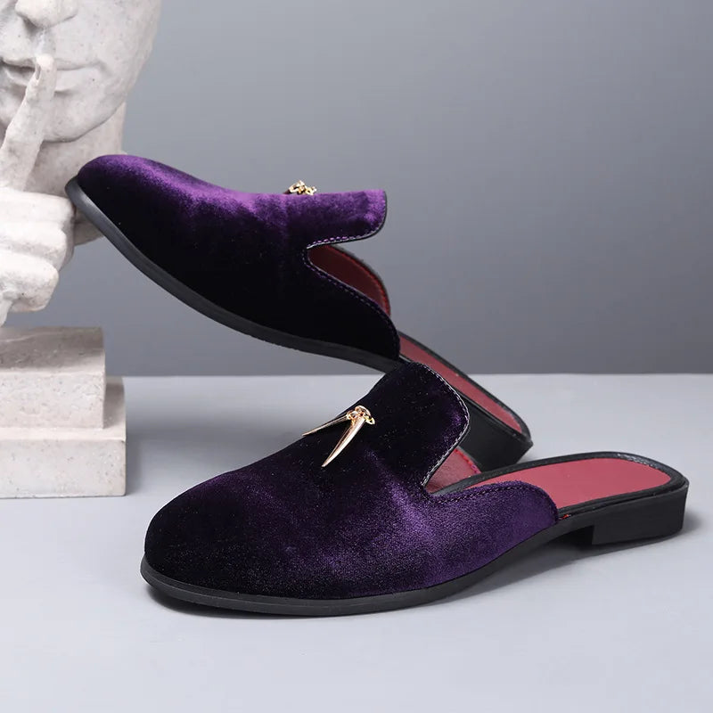 Fashion New Men Velvet Tassels Half Slippers Loafer Male Casual Purple Green Blue Black Mules Moccasins Breathable Driving Shoes