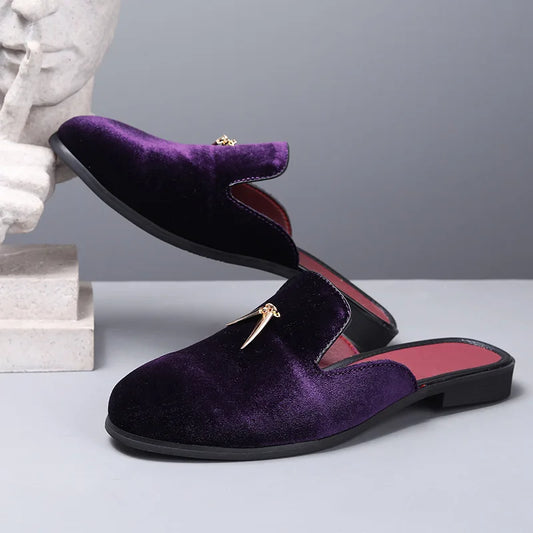 Fashion New Men Velvet Tassels Half Slippers Loafer Male Casual Purple Green Blue Black Mules Moccasins Breathable Driving Shoes