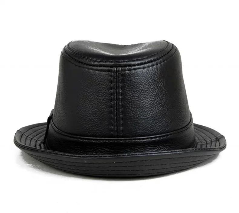 New 2023 Man High Quality Genuine Leather Jazz Fedora Gentleman CowSkin Short Brim Black/Brown Fitted Top Hat Male Shows