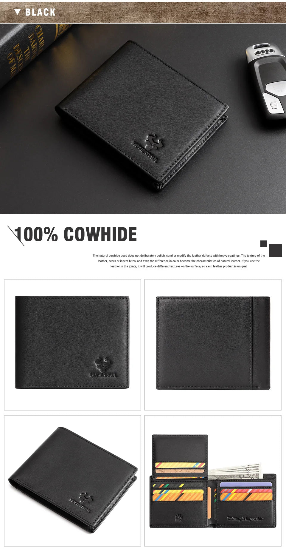 Handmade Wallet for Men Genuine Leather Credit Card Holder Purse with ID Window Short Male High Quality Cartera