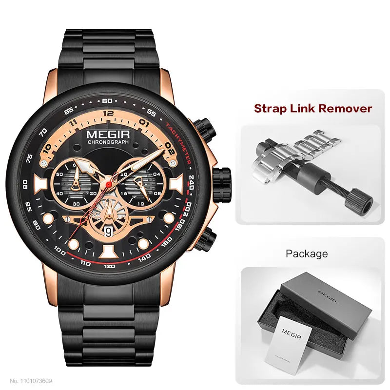 MEGIR Men's Watch Fashion Waterproof Chronograph Quartz Wristwatch with Auto Date Stainless Steel Strap Luminous Hands 24-hour