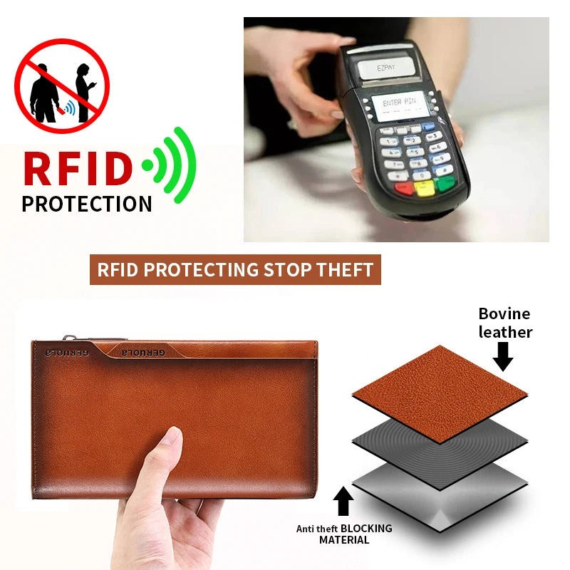 New Men's Genuine Leather Wallet Long Cowhide Handbag Travel Lightweight Minimalist Large Capacity Anti-Theft Gradient Yellow Br