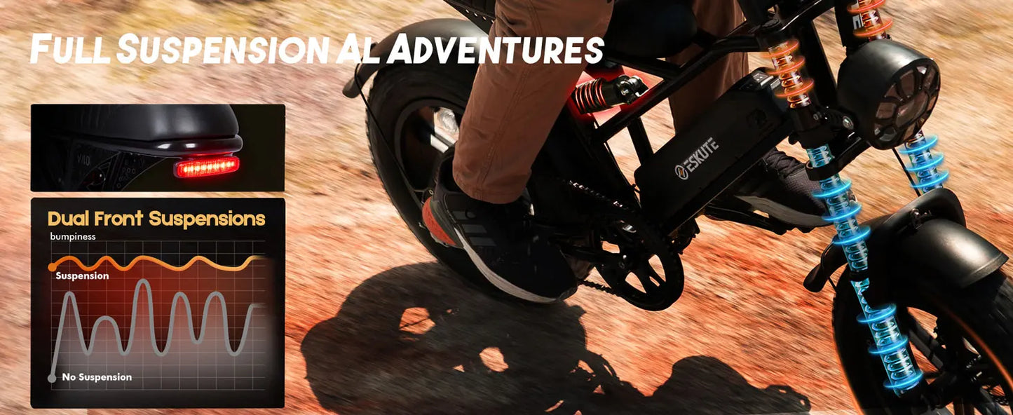 Eskute V100 Electric Bike, 1500W Peak 28MPH 48V13Ah Motorcycle, 16"x4" Fat Tire 7-Speed Dual Suspension E-Bike, 1 Year Warranty