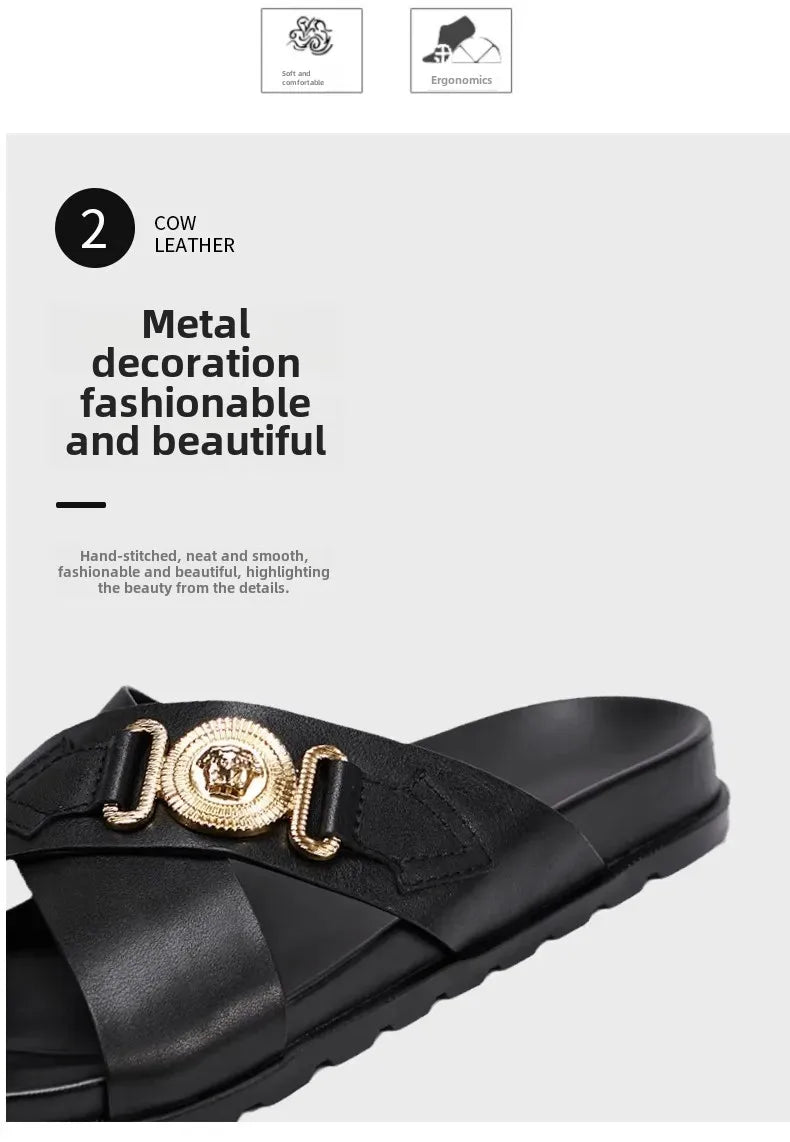 Trendy Versatile Men's Slippers Soft Sole One-Piece Genuine Leather Beach Shoes Cross Strap Casual Shoes Summer 2024