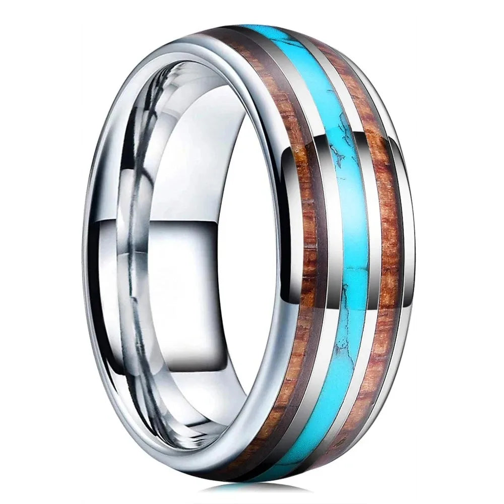 8mm Blue Turquoise Inlay Stainless Steel Ring for Men Vintage Wedding Band Engagement Jewelry Wedding Jewelry Drop Shipping