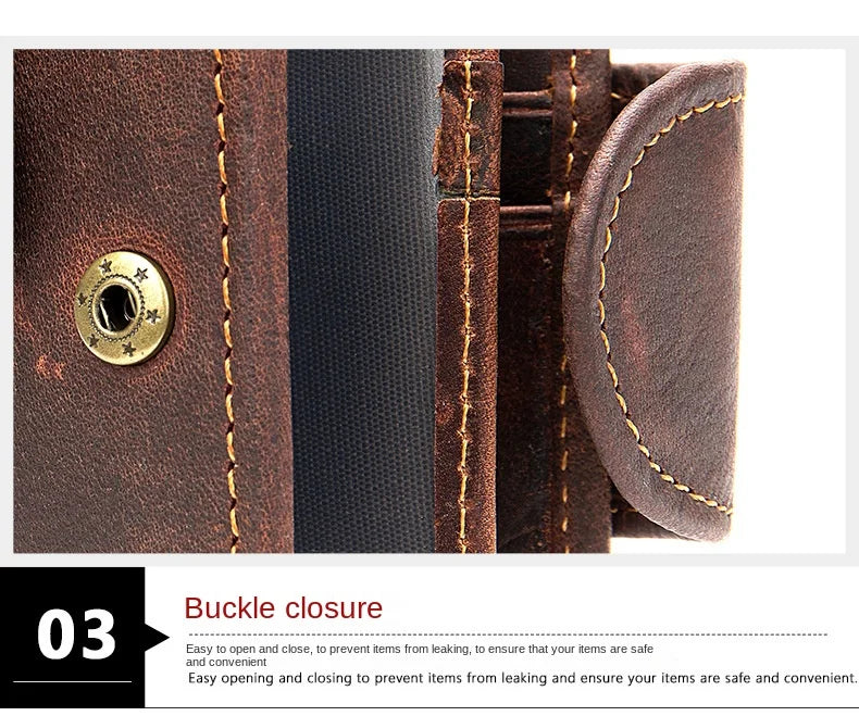 Men's Crazy Horse Leather Short Wallet Genuine Leather Buckle Wallet Vintage Top Layer Cowhide Card Holder Multi-Card  Wallet
