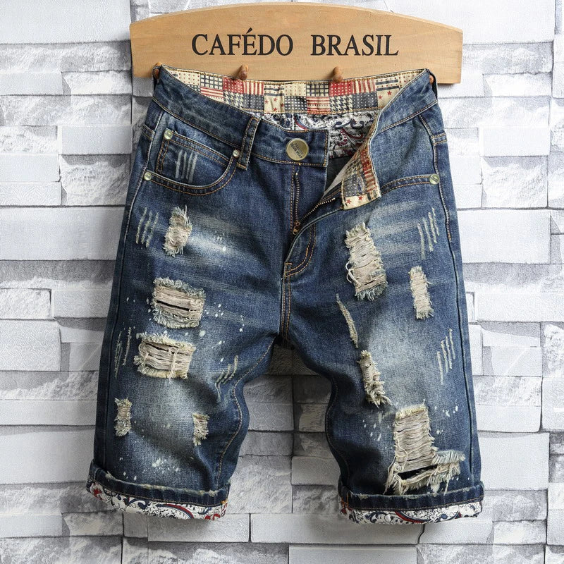 Men's Hole Denim Shorts 2025 Summer New Fashion Casual Slim Fit Ripped Retro Short Jeans Male Brand