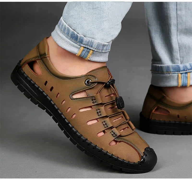 New 2025 Summer Shoes Men Sandals Genuine Leather Flat Non-slip Holiday Fashion Male Footwear Black Yellow D326