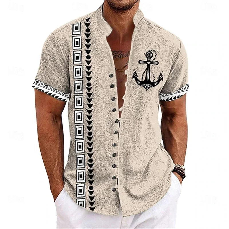 2025 Men's Button Shirts Hawaiian Shirt Casual Tribal Holiday Summer Stand Collar Short Sleeve Clothing Fashion VersatileTops