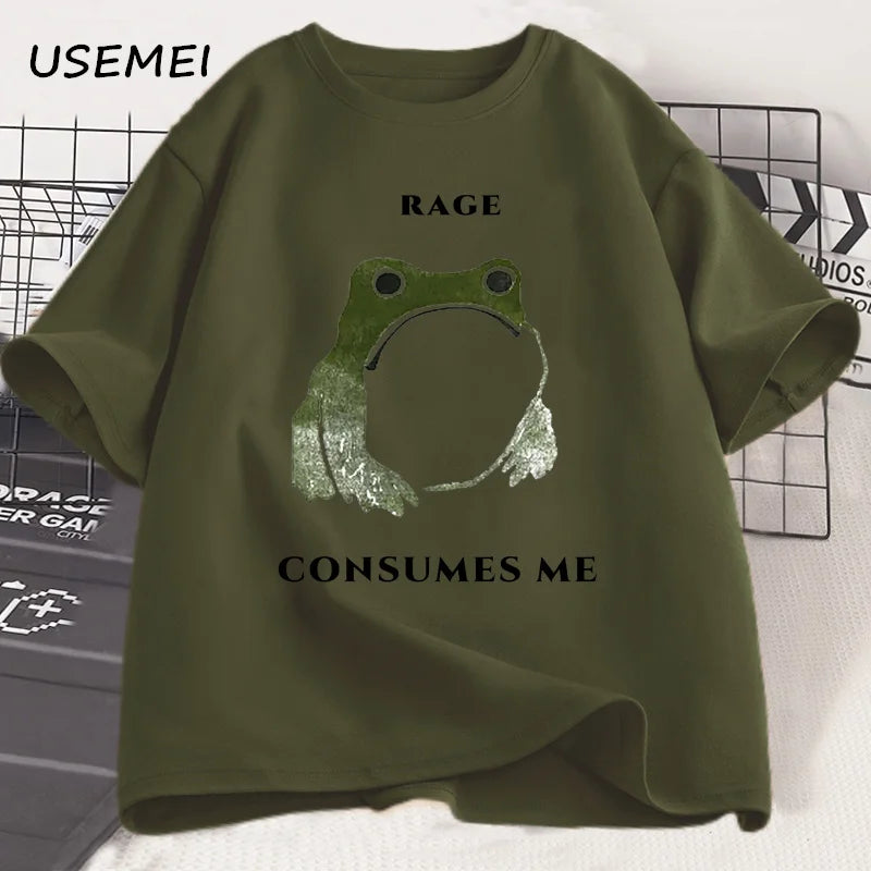 Men's T Shirts Funny Rage Consumes Me Frog Graphic T Shirts Vintage Cotton Short Sleeve Printed T-shirt Mens Clothes Streetwear