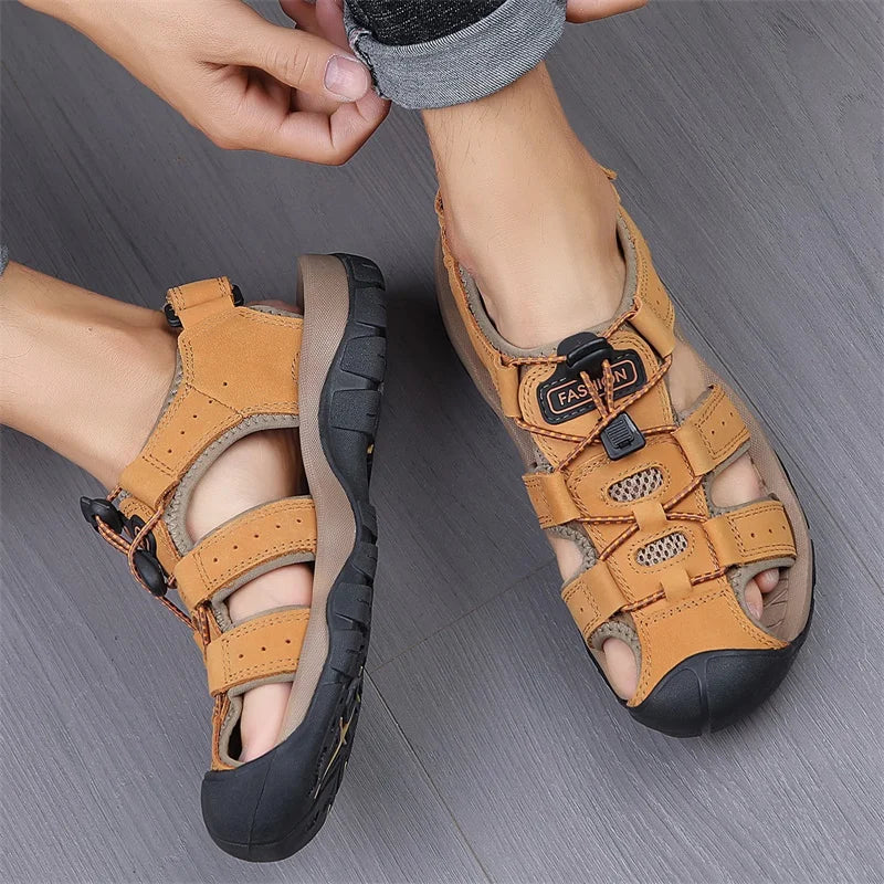 2025 Summer Men Sandals Leather Mens Casual Shoes Breathable Outdoor Sandals for Men Beach Shoes Slippers Fashion Roman Shoes