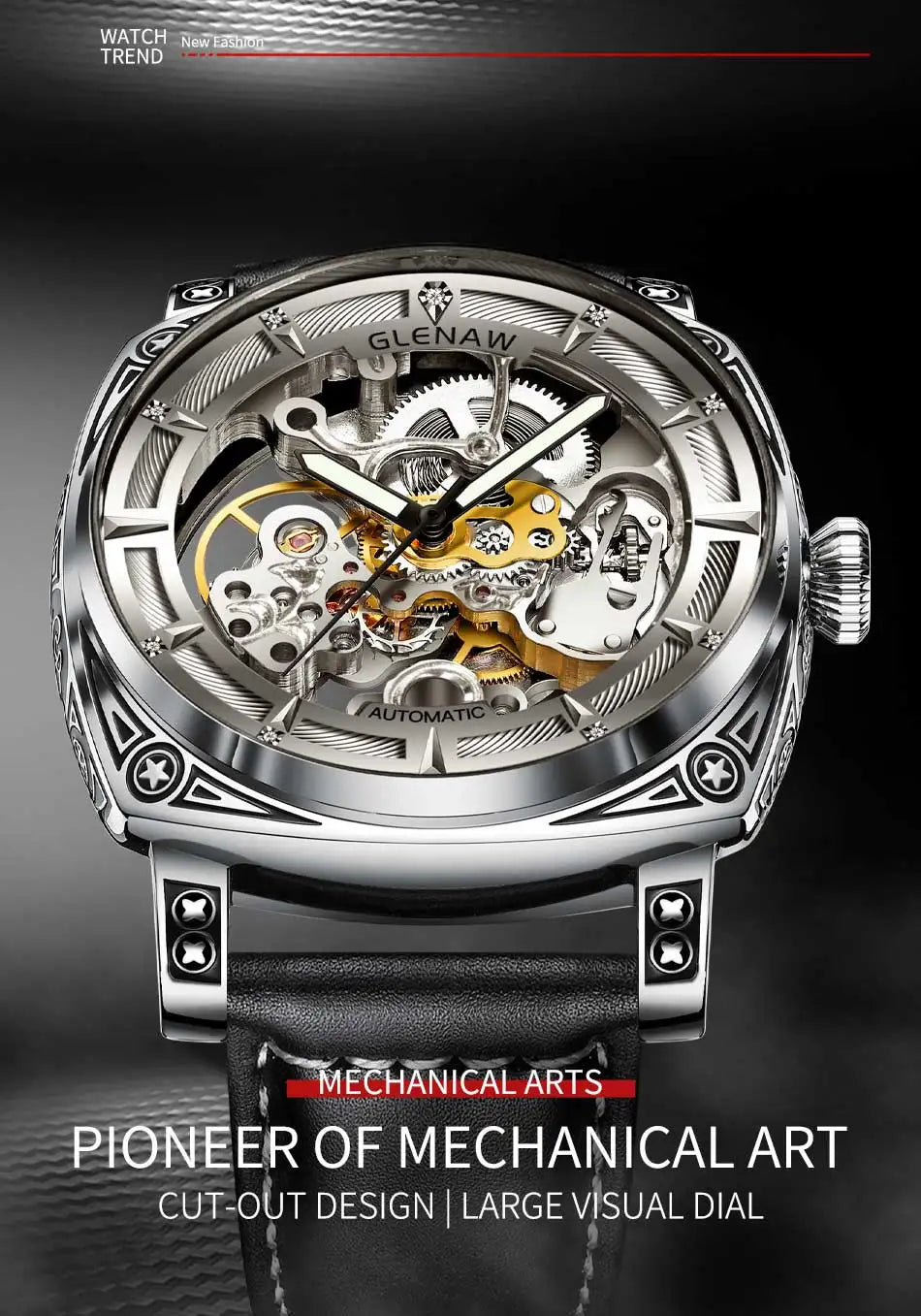 Relogios Masculino Glenaw Mens Watches Top Brand Luxury Personal Carving Watch Men's Stainless Steel Waterproof Watch Montre Hom