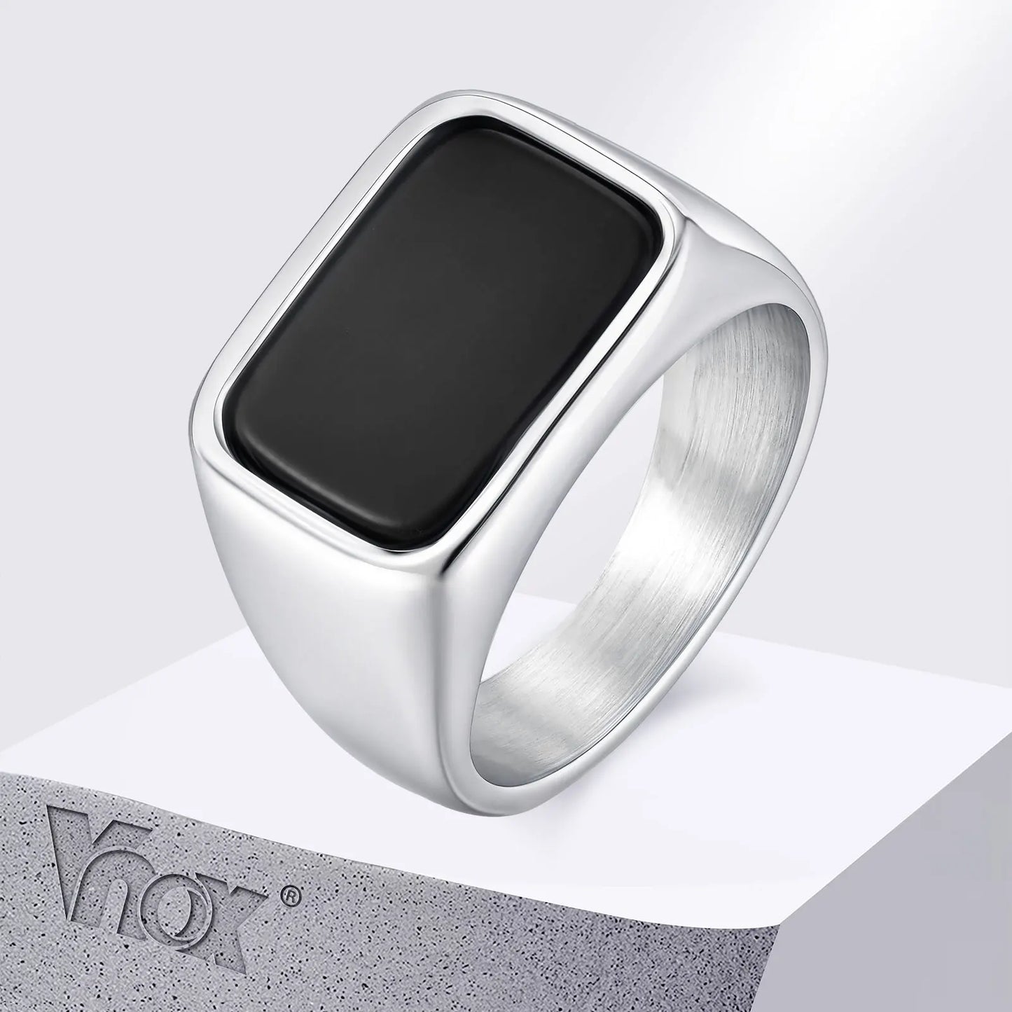 Vnox Men's Stainless Steel Geometric Glass Stone Signet Ring, 12.8mm Width Size 7-12 Waterproof Rectangle Top Ring Gift for Men‌