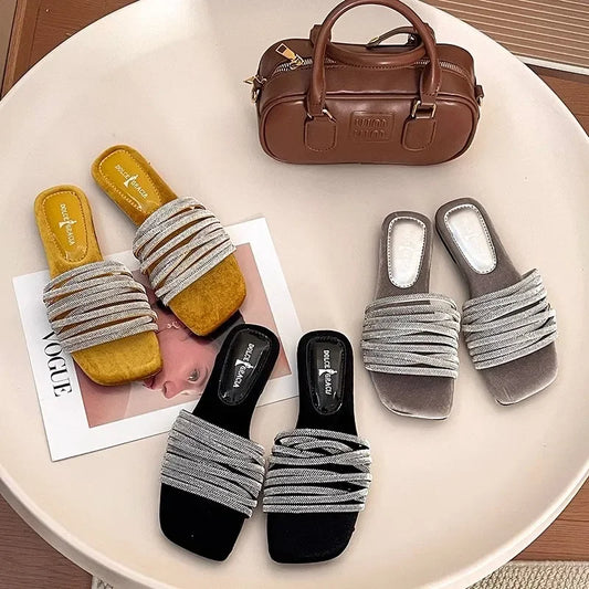 Shoes For Women Women Shoes Flat Sandals Fashionable Gold Silk Slippers Comfortable One Foot Wearing Beach Sandals For Women