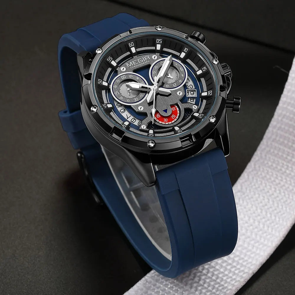 MEGIR New Sport Watches for Men Fashion Chronograph Quartz Wristwatch with Silicone Strap Luminous Hands Calendar Waterproof