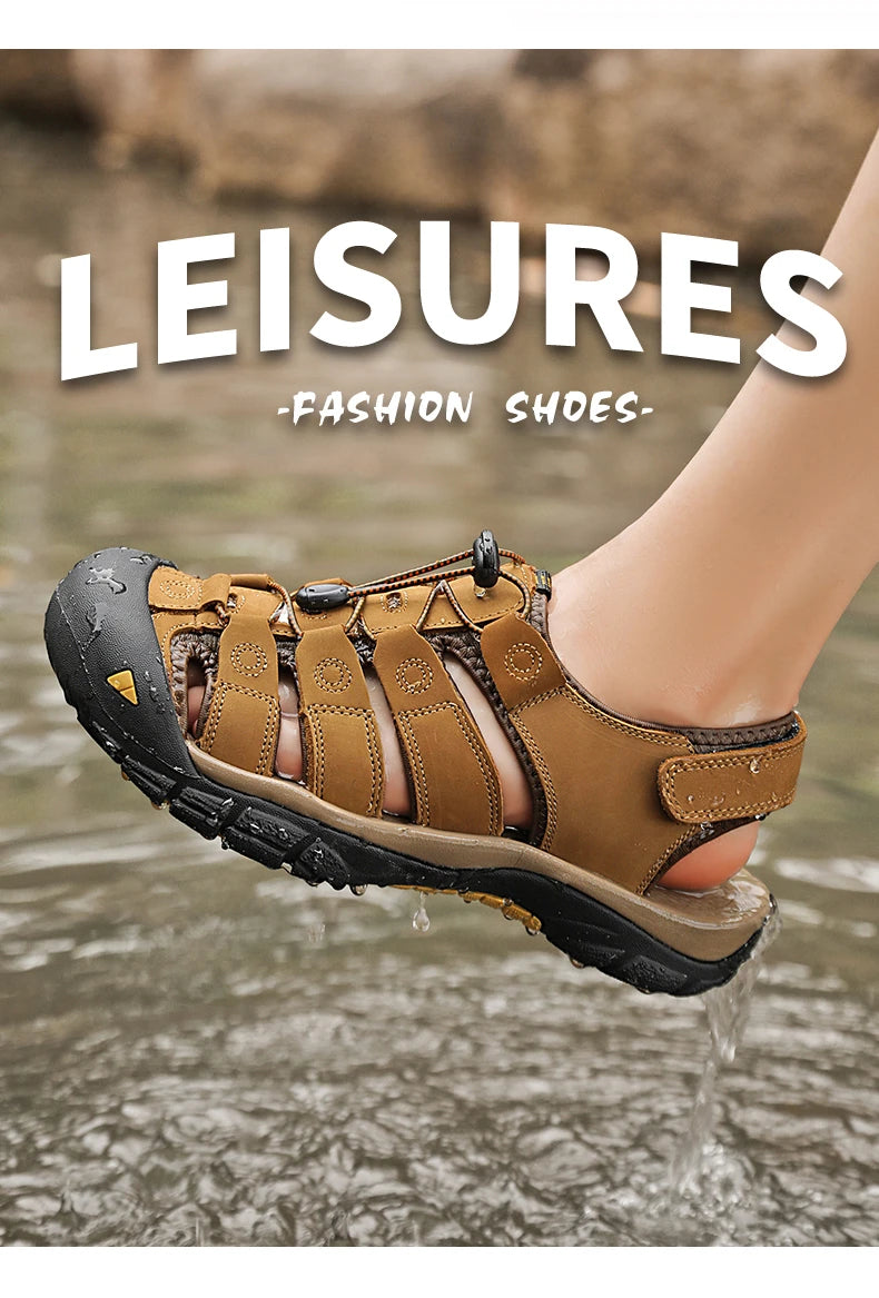 Men's Sport Sandals Outdoor Hiking Sandals Closed Toe Leather Fashion All-match Light Trail Walking Casual Sandals Water Shoes