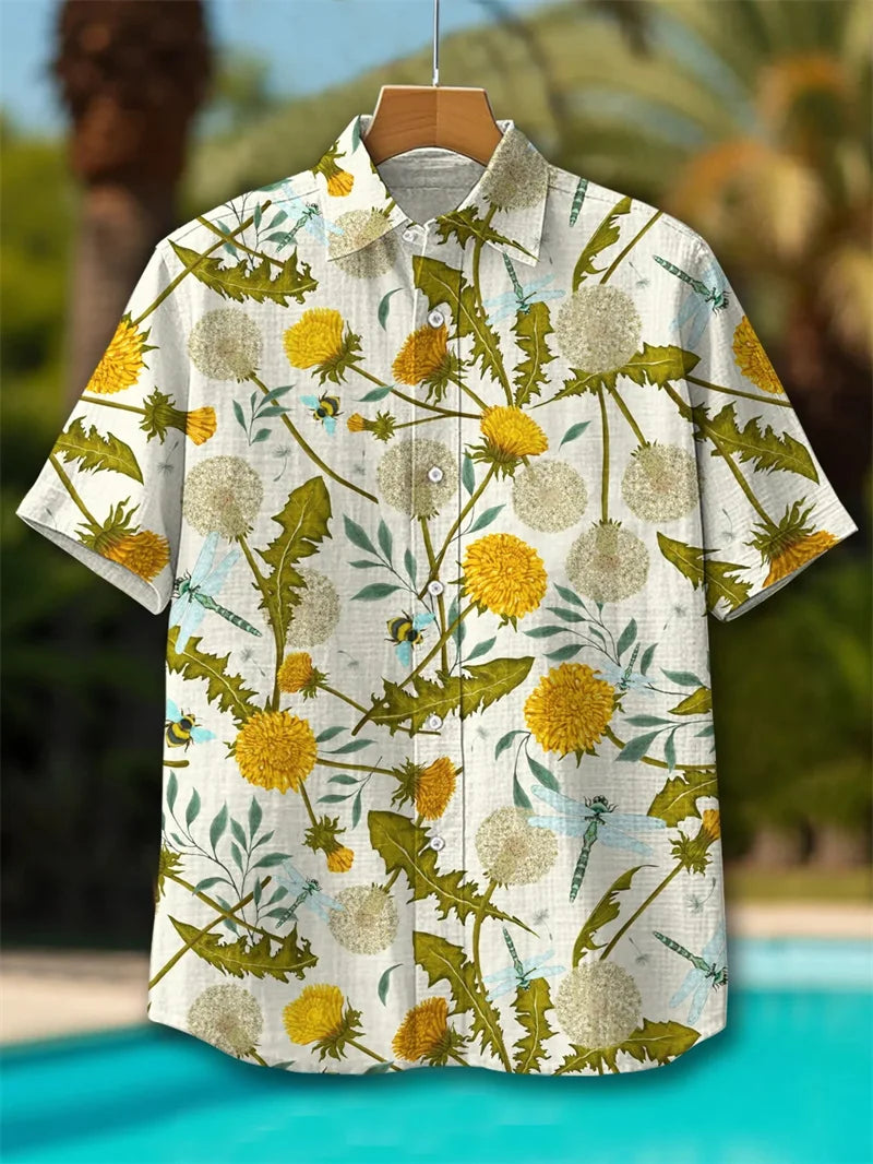 Men's Volcano Animal Pattern Linen Shirt Summer Fashion Short Sleeve Button Collar Shirt Hawaii Casual Shirt Top