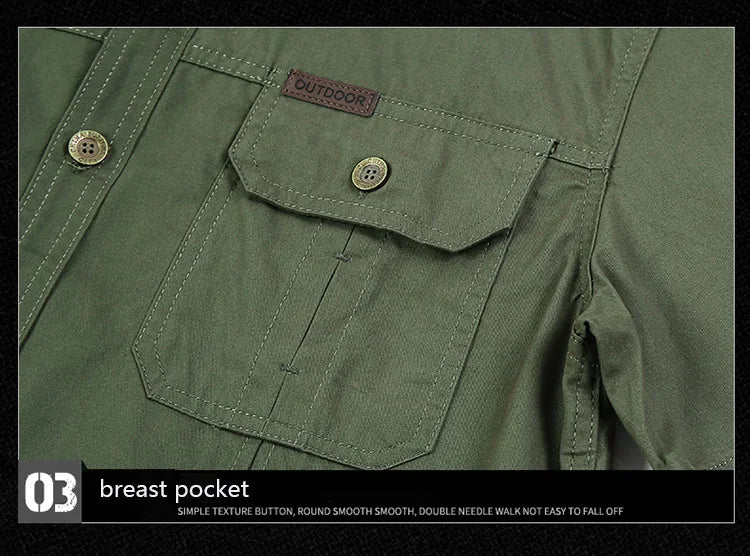 Summer men's thin short sleeved shirts, men's outdoor work clothes, multi bag half sleeved tops, pure cotton washed shirts