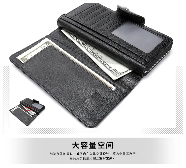 Leather long wallet men's top layer cowhide black business wallet horizontal square hand-held bag