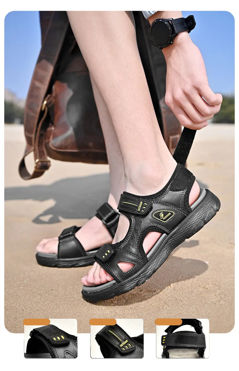 New Summer Men Genuine Leather Sandals Classic Casual Shoes Men Outdoor Beach Sandals Roman Summer Men's Water Shoes Size 38-46