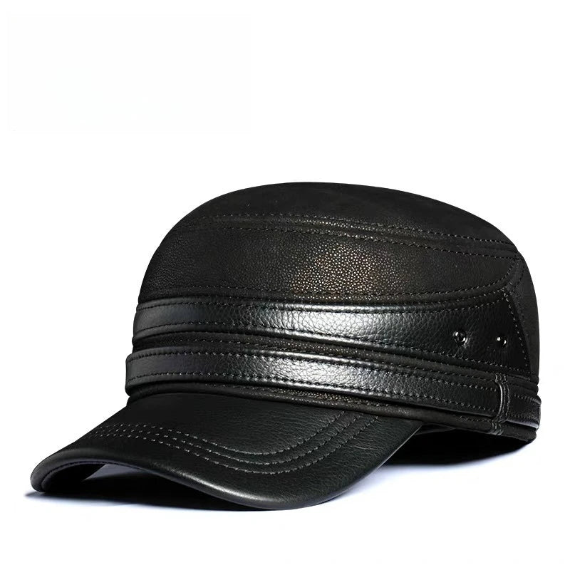 New 2024 Winter Men Genuine Leather Baseball Cap Earmuffs Flat Hat Male Keep Warm Leisure 57-60 cm Adjustable Gorro Cow Skin Cap