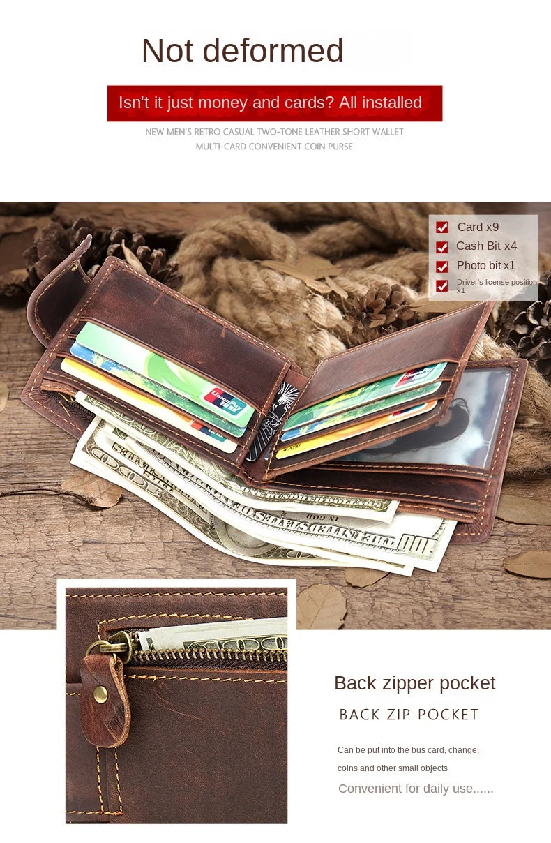 Men's Crazy Horse Leather Short Wallet Genuine Leather Buckle Wallet Vintage Top Layer Cowhide Card Holder Multi-Card  Wallet