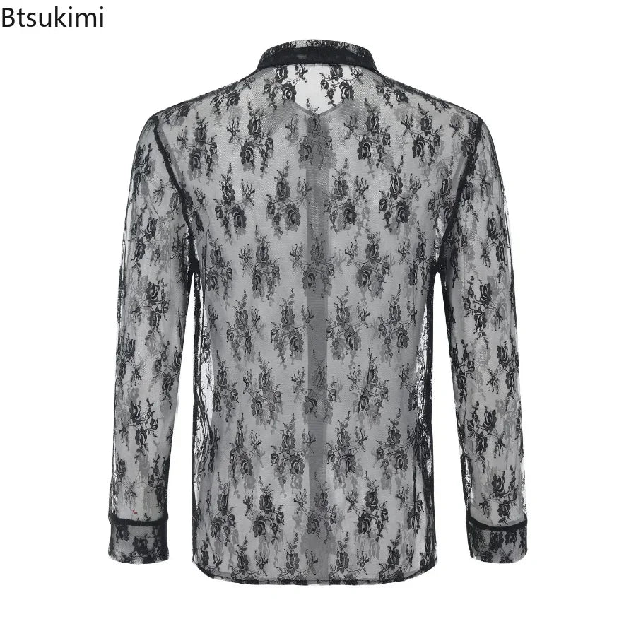 New 2025 Men's Casual Long Sleeve Shirts Black See-through Lace Top Shirts Slim Sexy Club Party Men's Sexy Shirt Hollow Out Tops