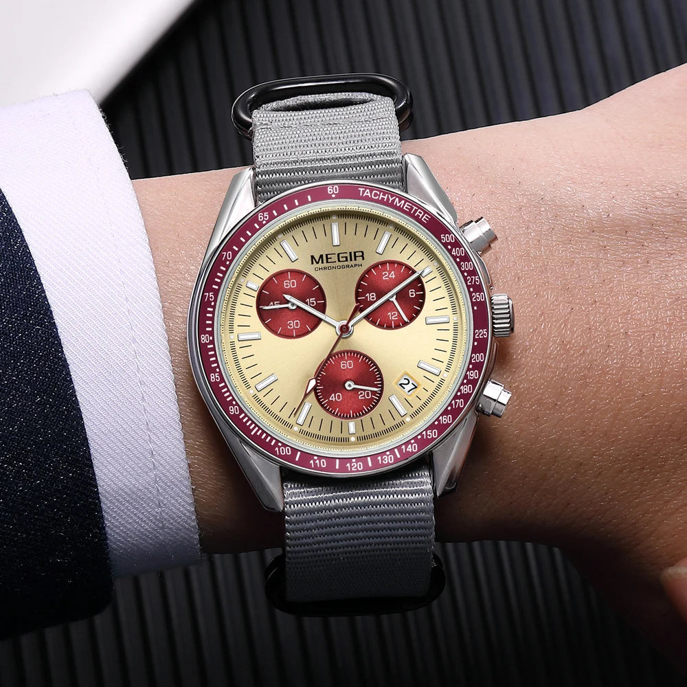 MEGIR New Luxury Men's Watches Canvas Weaving Strap Sport Automatic Chronograph Quartz Waterproof Wristwatch for Male 2247