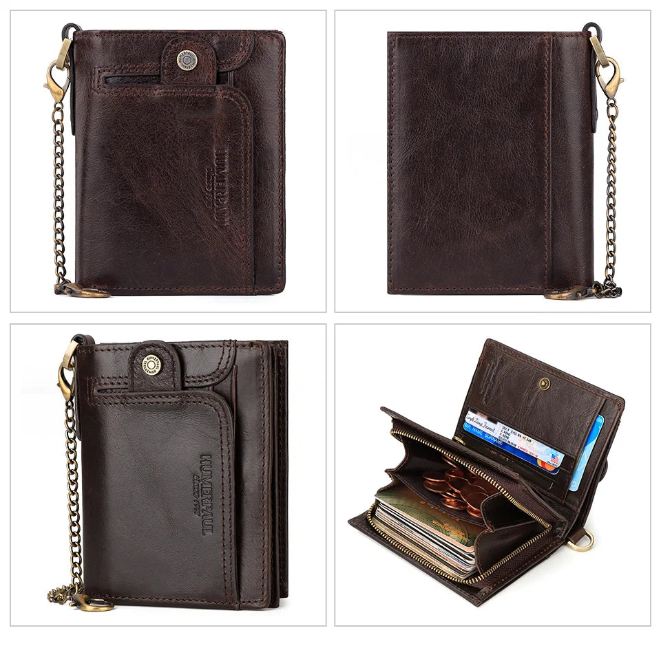 Real Leather Wallet for Men RFID Blocking Credit Card Holder Purse Male Short Bifold Zipper Coin Pocket with Anti-Theft Chain