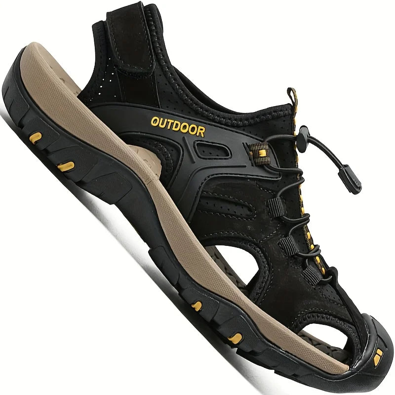 Men's High-quality Leather Sandals - Closed Fisherman Style, Summer Slippers and Hiking Shoes, with Elastic Straps