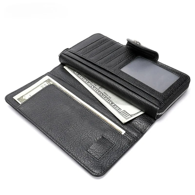 Leather long wallet men's top layer cowhide black business wallet horizontal square hand-held bag