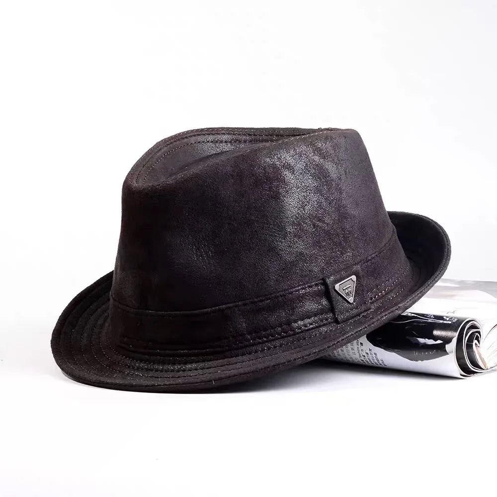 Male High Quality Genuine Leather Sheepskin Formal hat Gentleman Cow Skin Short Brim Yellow Brown Top Hat Male Shows Gentleman
