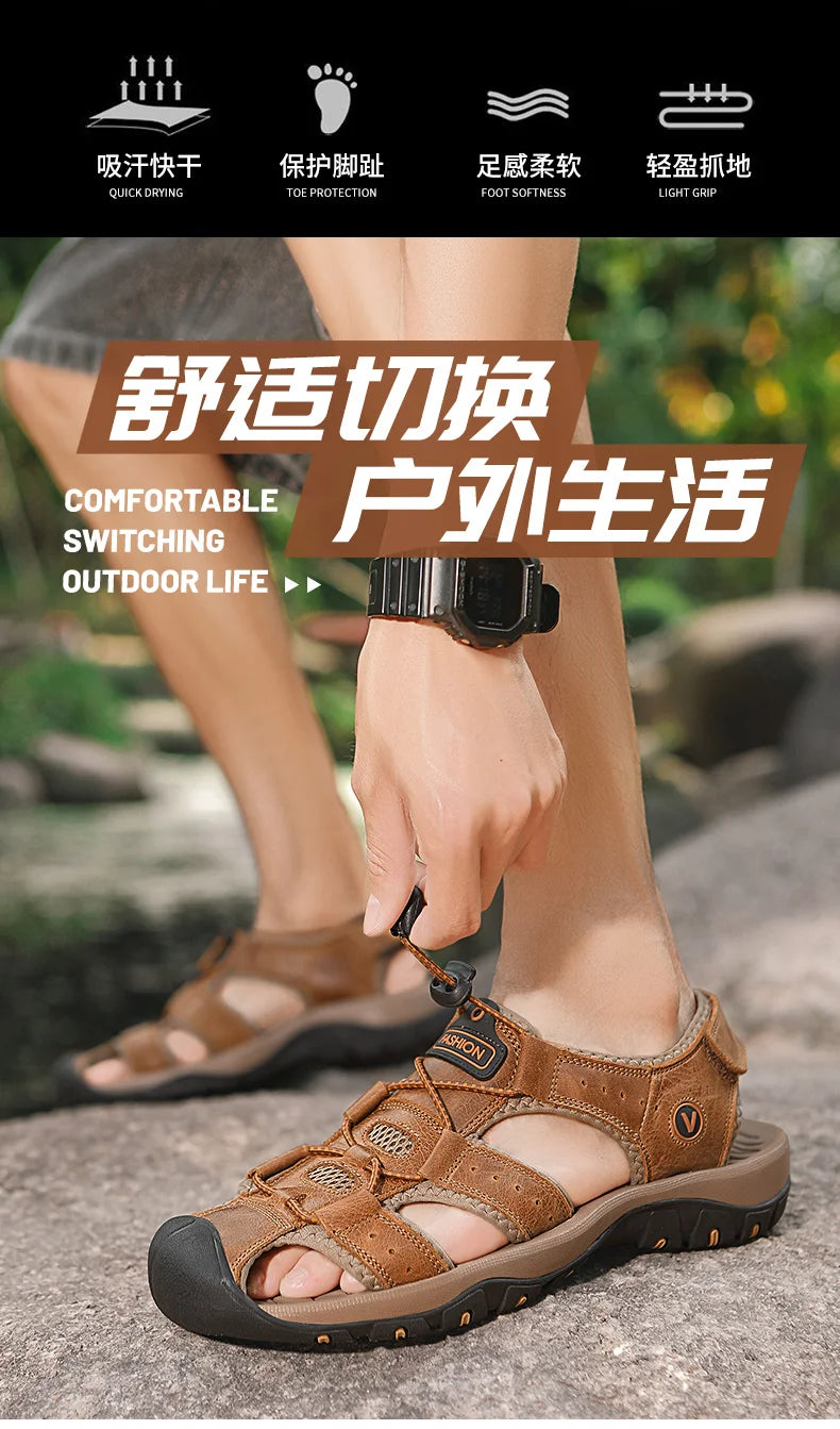 2025 Summer Men Sandals Leather Mens Casual Shoes Breathable Outdoor Sandals for Men Beach Shoes Slippers Fashion Roman Shoes