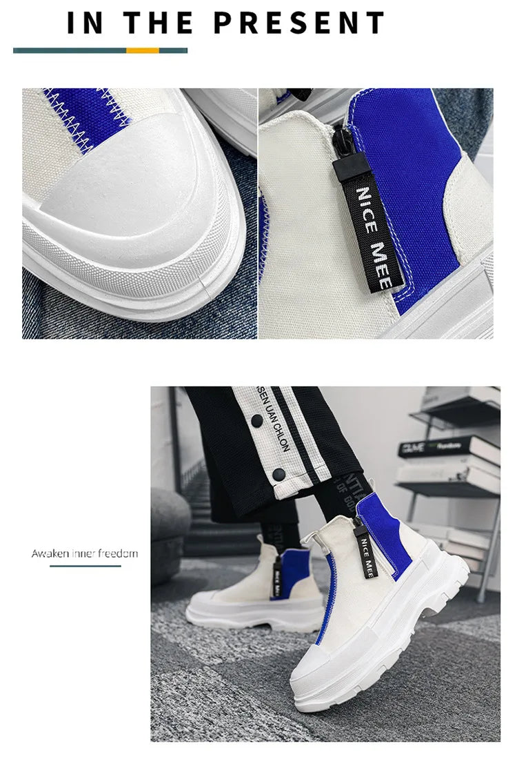 High-top Thick Soled Boots Men's Shoes for Spring Autumn Breathable Casual Chelsea Boots Men's Trend Canvass Side Zipper Sneaker