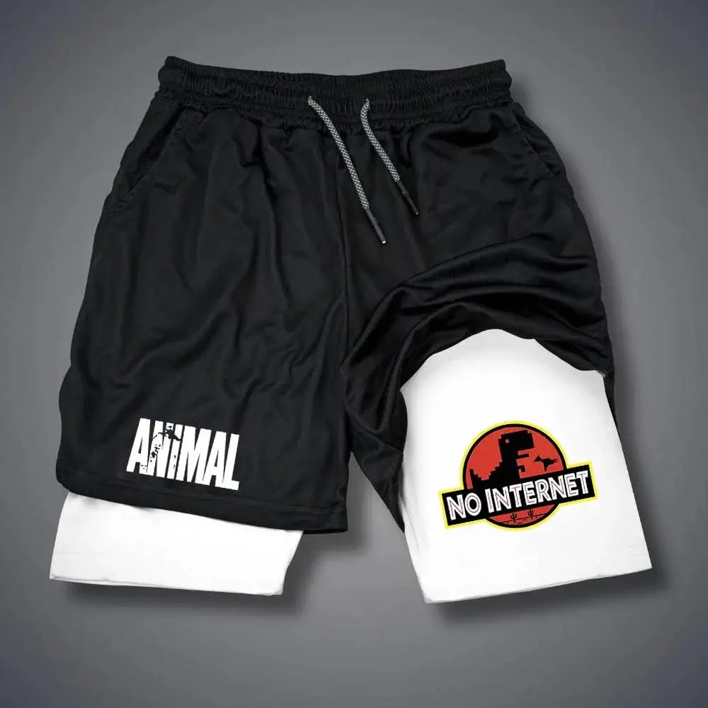 Men's Shorts Summer Double Layer Letter Print Quick Drying Pants Fitness Tracksuit Beach Short Cartoon Duck