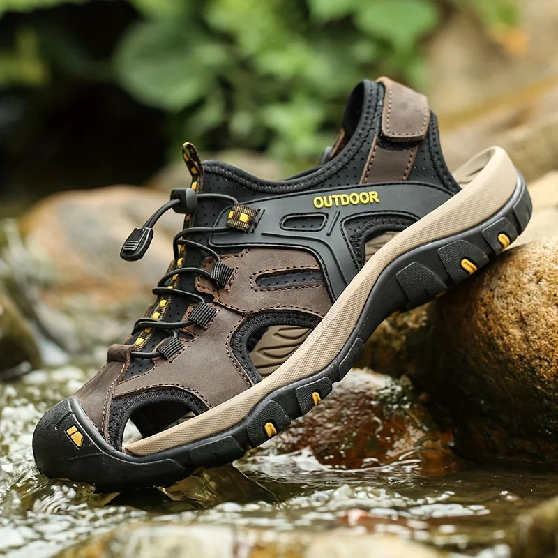 Men's High-quality Leather Sandals - Closed Fisherman Style, Summer Slippers and Hiking Shoes, with Elastic Straps