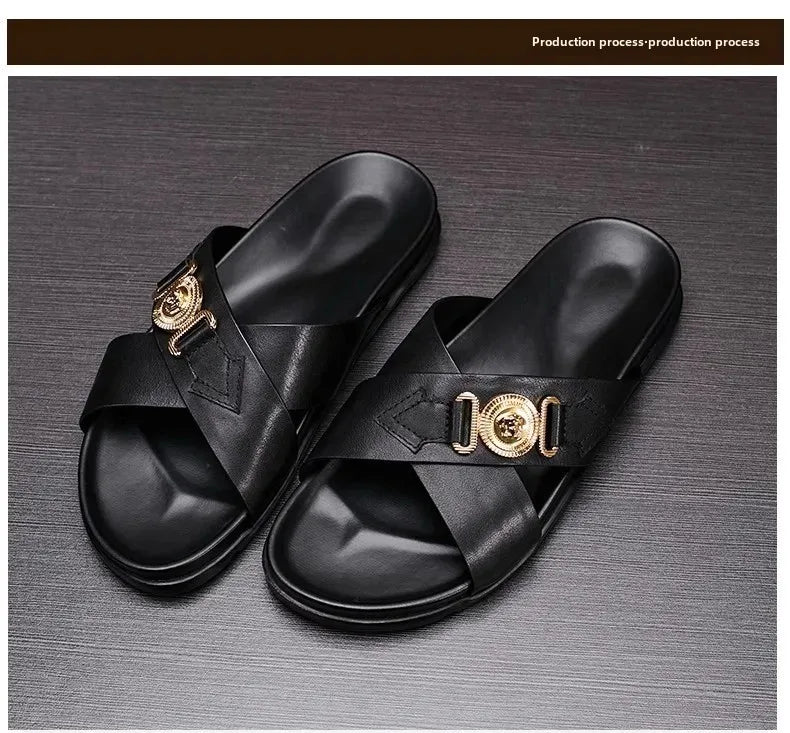 Trendy Versatile Men's Slippers Soft Sole One-Piece Genuine Leather Beach Shoes Cross Strap Casual Shoes Summer 2024