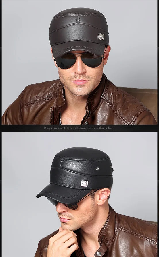 2025 New Men Spring/Winter Real Leather Black/Brown Flat Baseball Caps Male 54-62 cm Customized Size Outdoor Snapback Golf Hat
