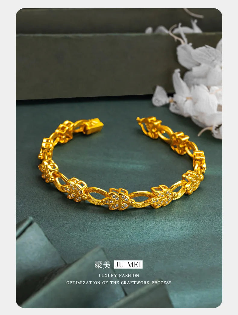 9999 24K real gold diamond leaf bracelet with gold color clip buckle design as a birthday gift for your girlfriend